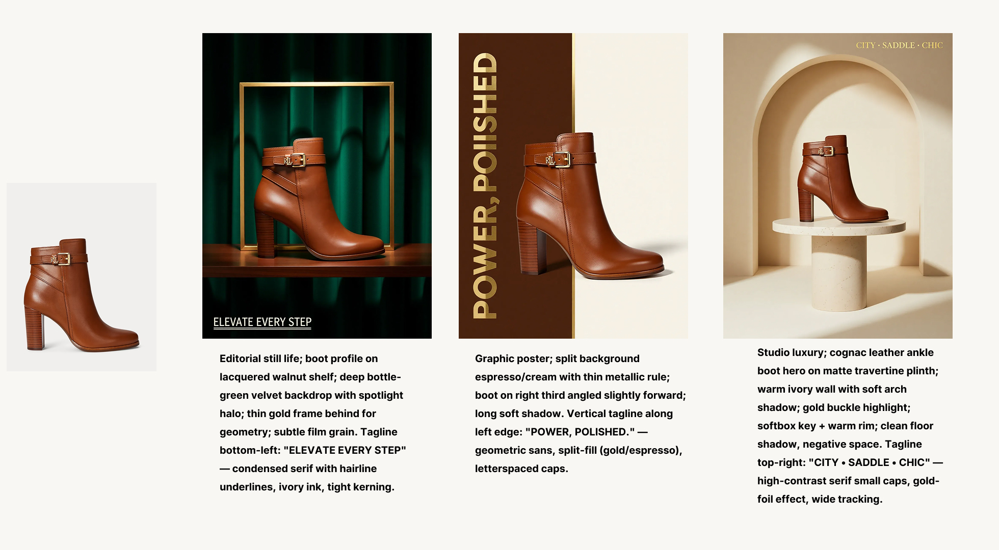 Cognac boot: velvet stage, espresso/cream split, travertine arch