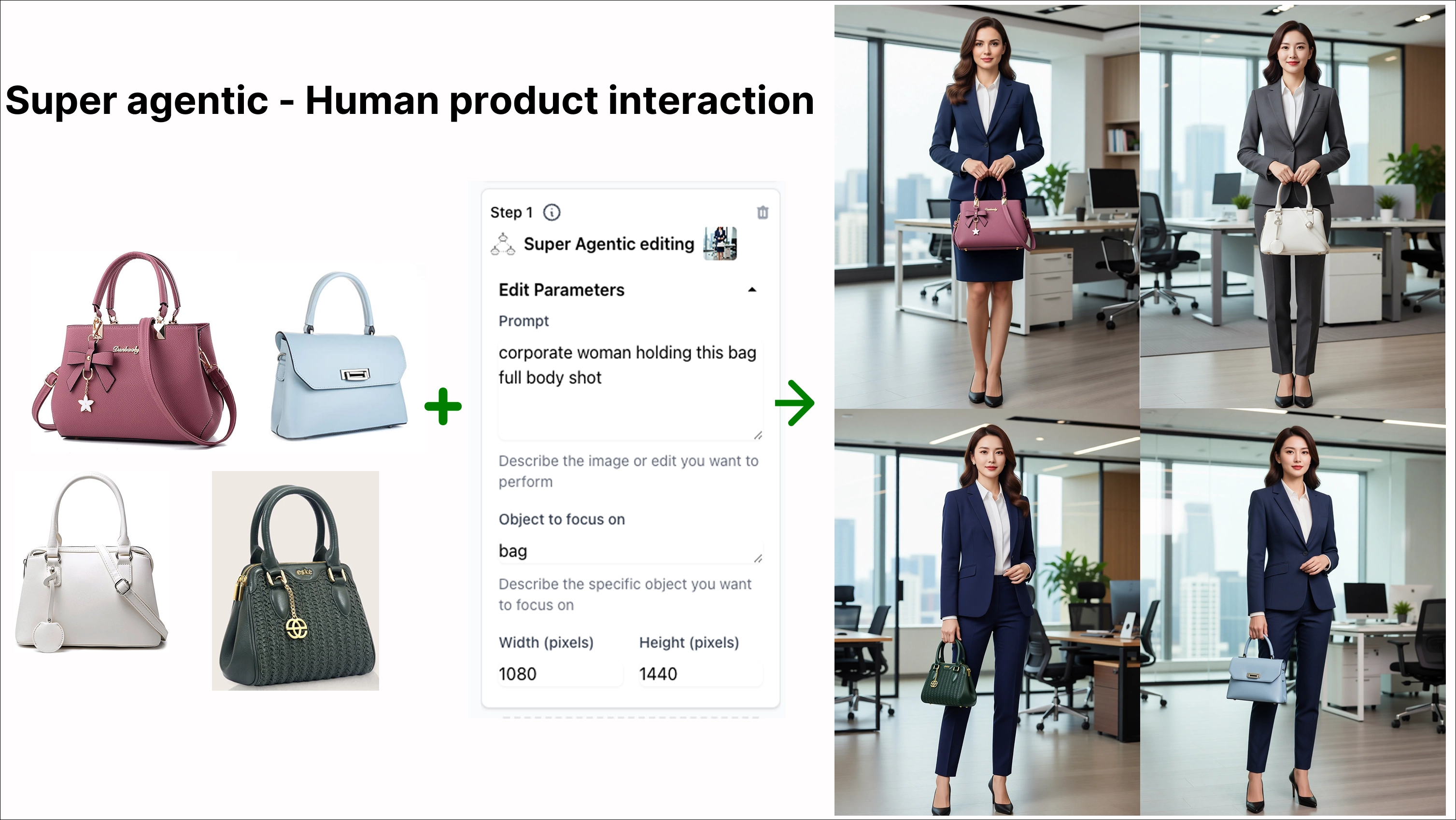 Full body office persona variations with different handbags