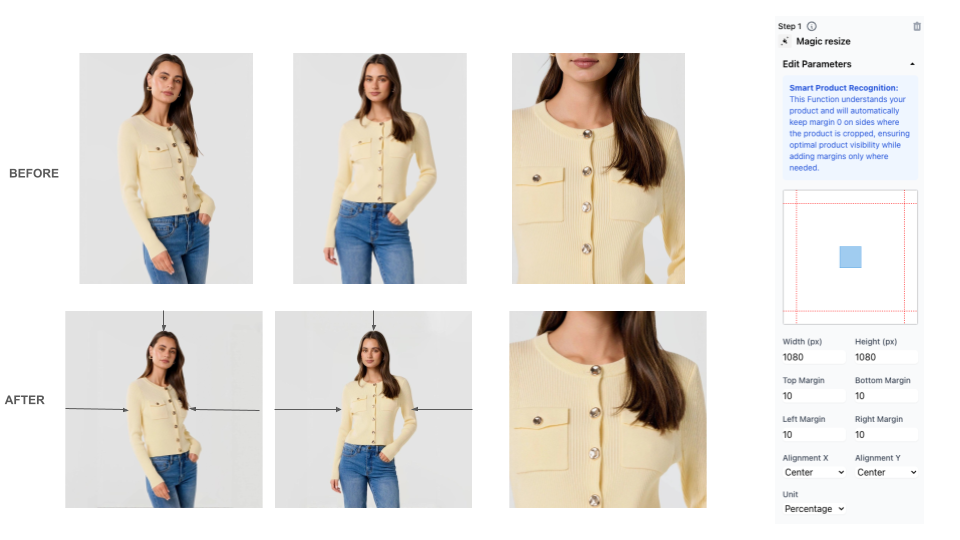 Before and after grid with directional arrows and parameter panel for Magic resize